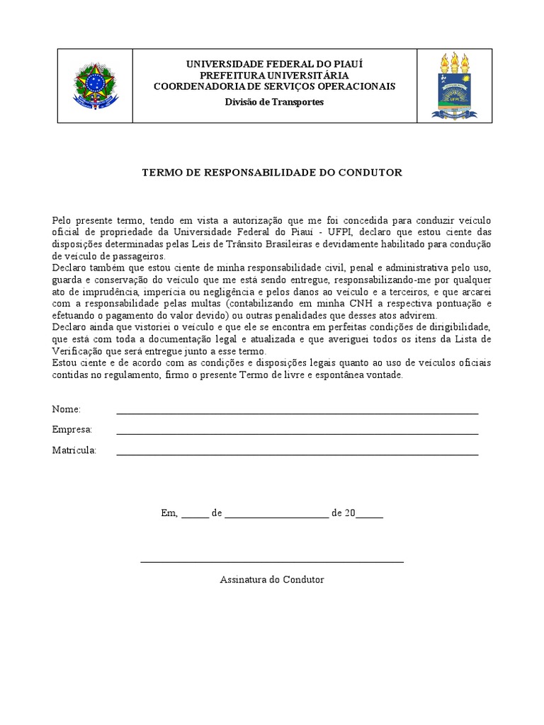 Termo de Responsabilidade Do Condutor | PDF