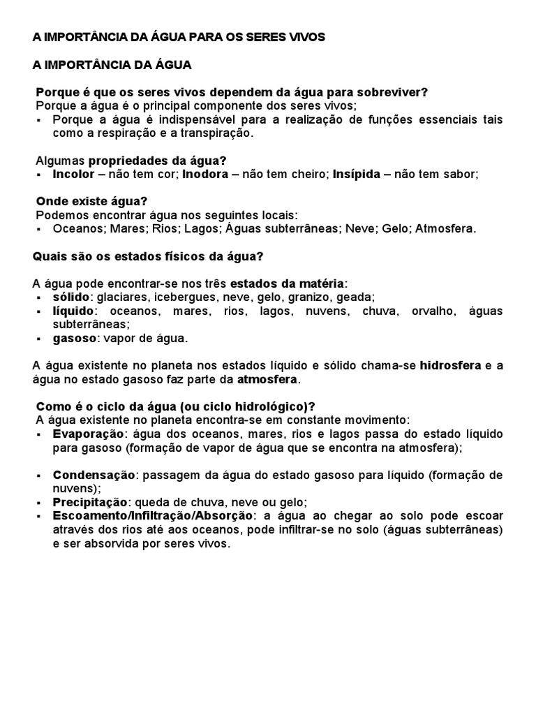 A Importância Da água Para Os Seres Vivos Pdf