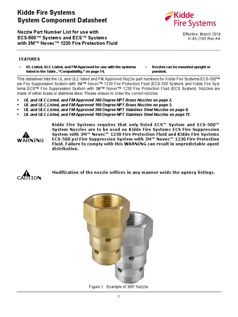 Kidde ECS and ECS500 Part Number List For Nozzle Used With Novec 1230 K452165 AA PDF