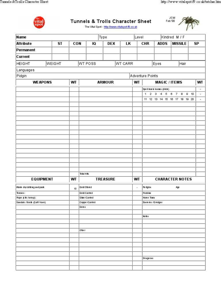 Tunnels &trolls Character Sheet PDF