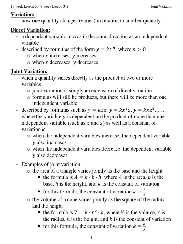 Joint Variation PDF Area Variable (Mathematics)