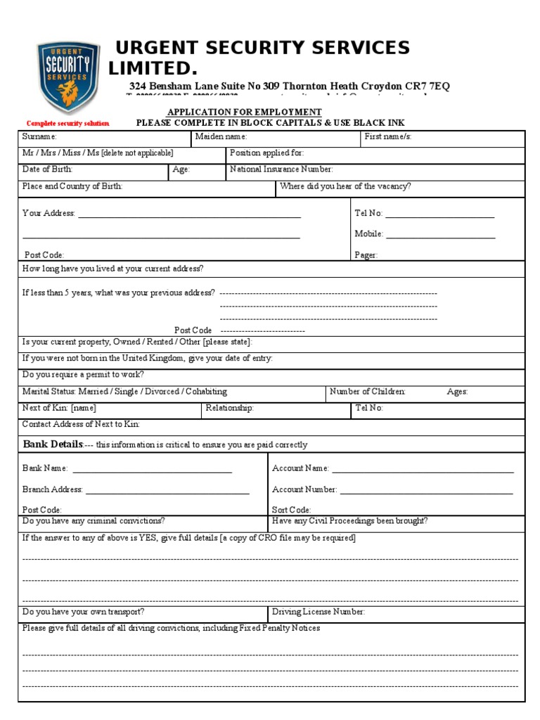Employment Application for Security Role | PDF | Self Employment ...