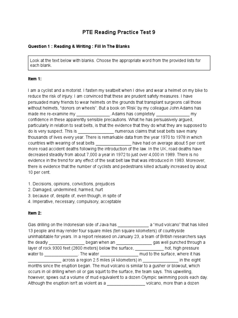 PTE Reading Practice Test 9 | PDF | Spanish Language | Seat Belt