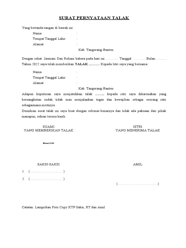 Contoh Surat Talak 3 untuk Istri | PDF | Hukum