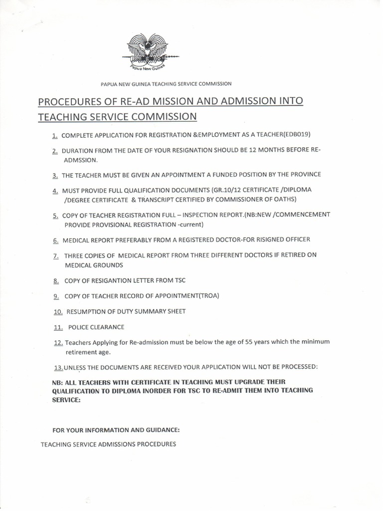 PNG Doe Procedure of Re Admission and Admission Into Teaching Service ...