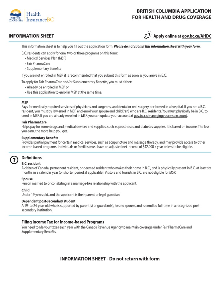 British Columbia Application For Health and Drug Coverage Information ...
