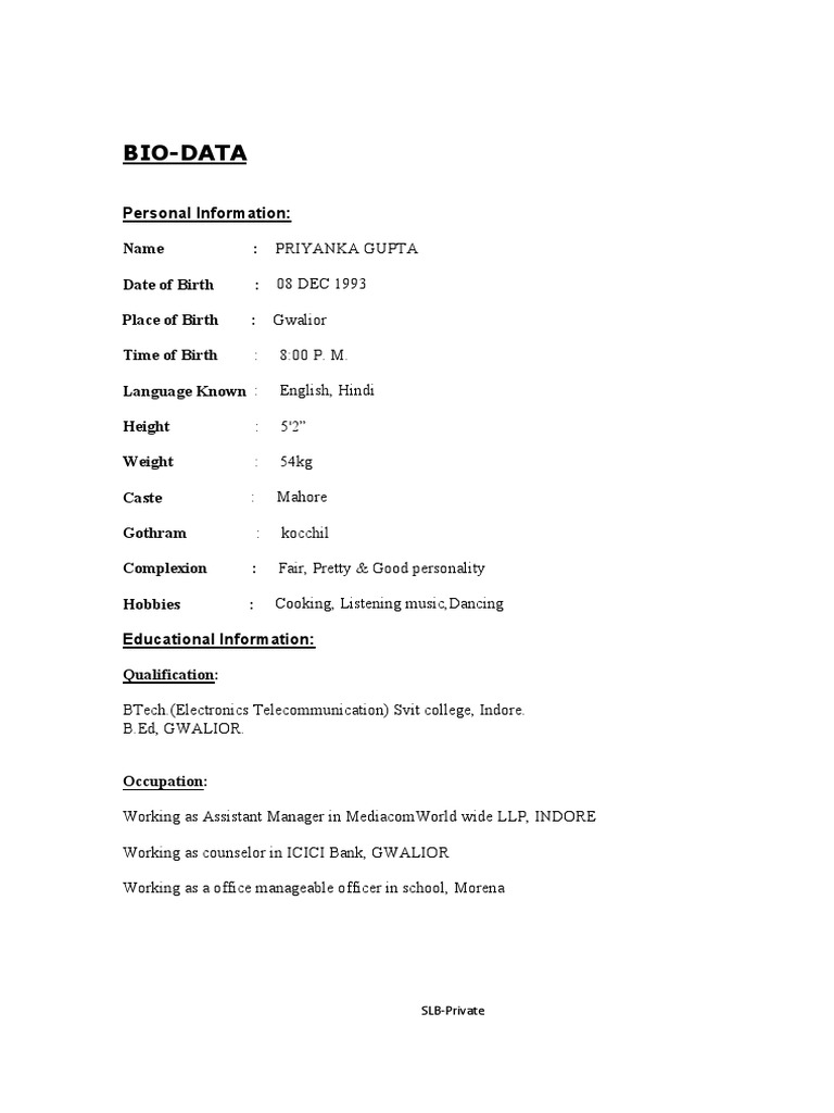 Priyanka Gupta Marriage Biodata | PDF