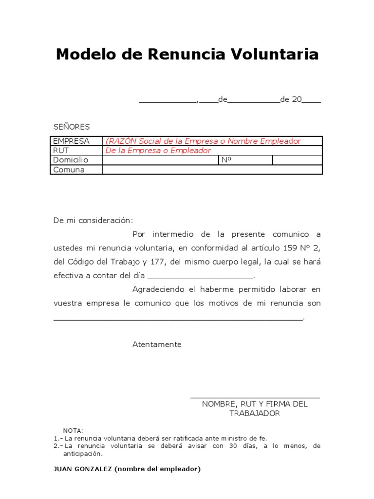Modelo De Renuncia Voluntaria Pdf Gobierno Labor
