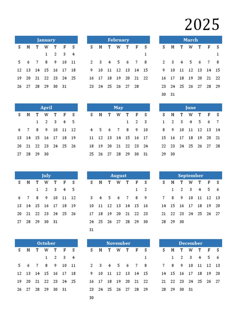2025 Calendar Portrait Sunday Start | PDF