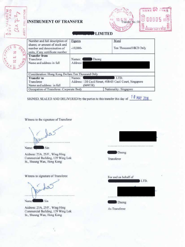 Share Transfer Stamped by Hong Kong IRD Sample 1542871046 | PDF