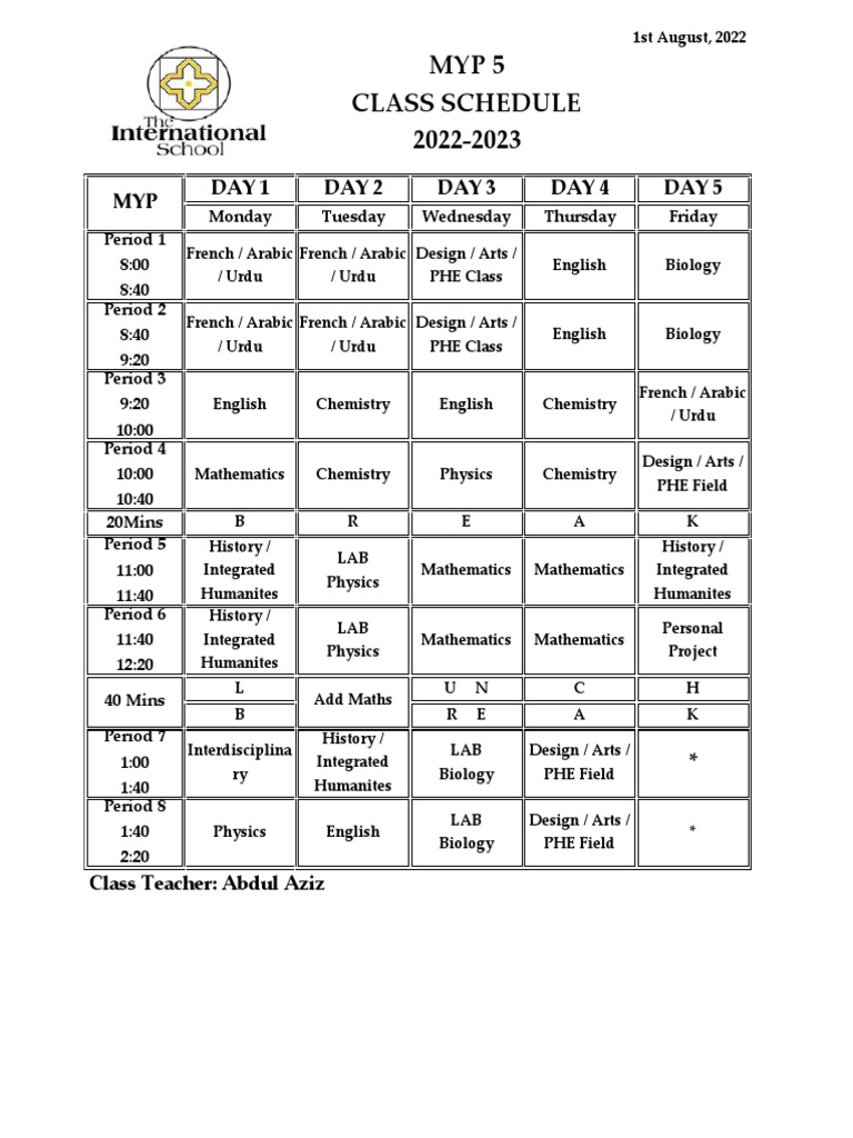 MYP 5 Class Schedule PDF