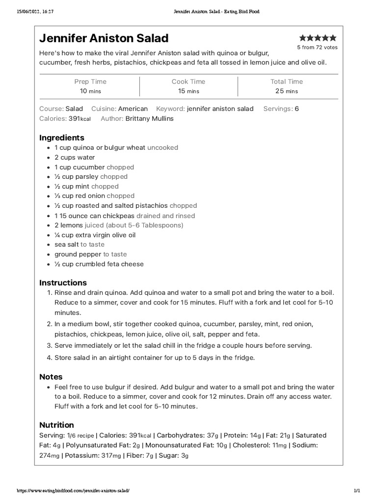 Jennifer Aniston Salad Eating Bird Food PDF Cooking Salad