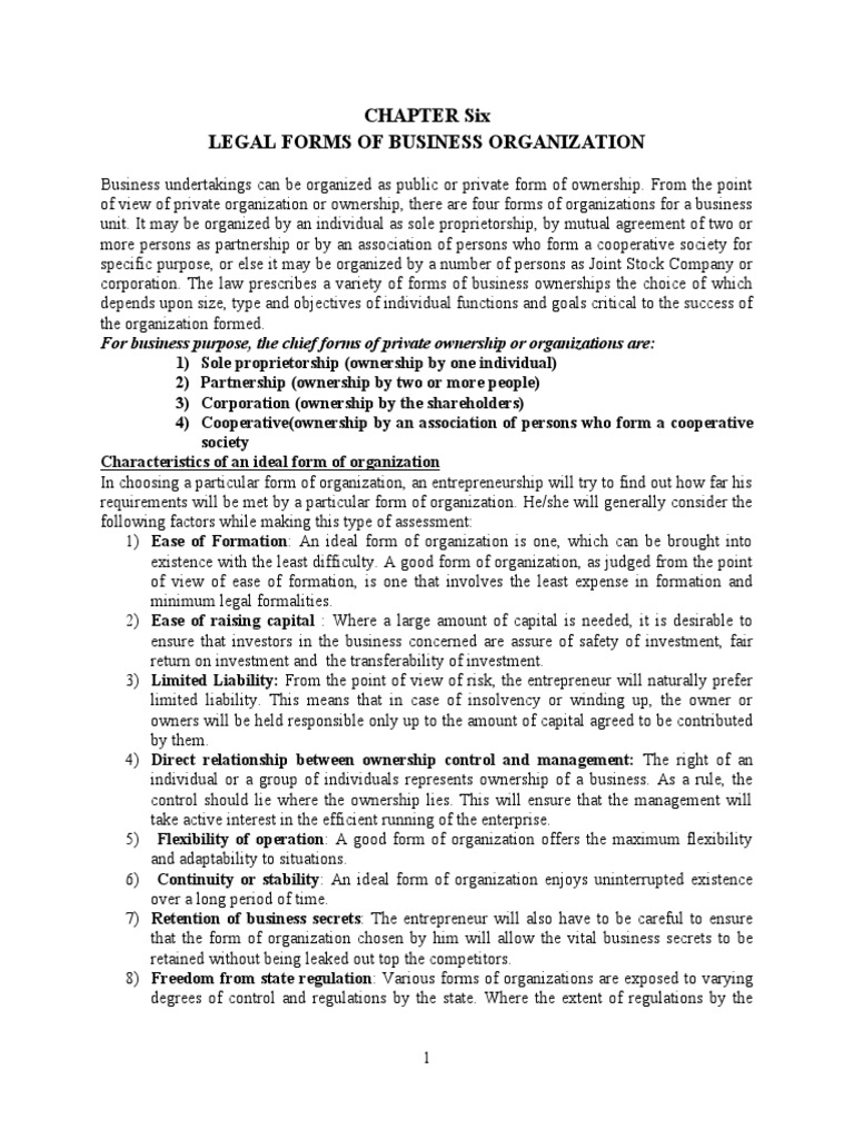 Chapter Six Legal Forms of Business Organization PDF Partnership
