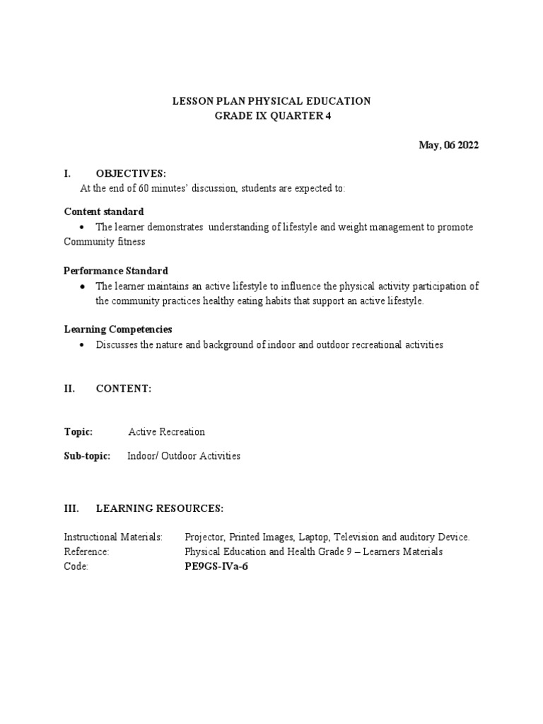 Grade IX Active Recreation Lesson Plan | PDF | Career & Growth