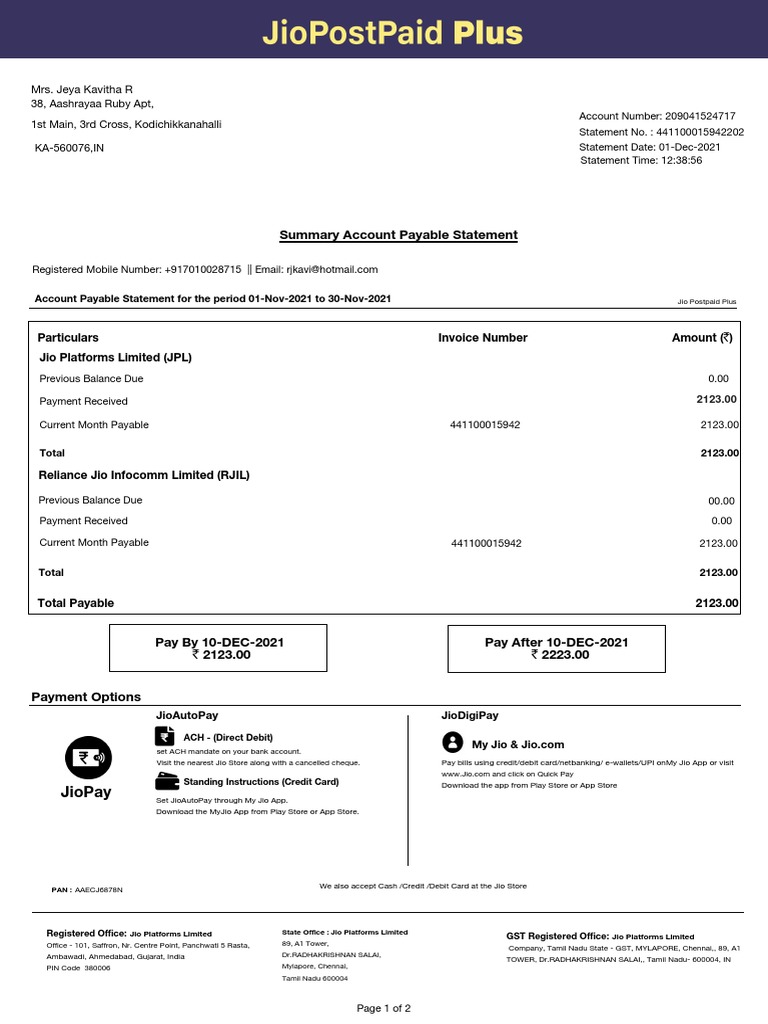 Jio Postpaid Plus Billing Summary | PDF | Credit Card | Debit Card
