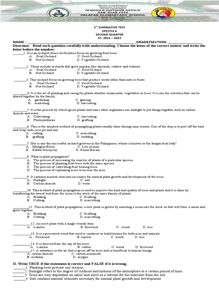 1st summative test epptle 6 pdf trees grafting