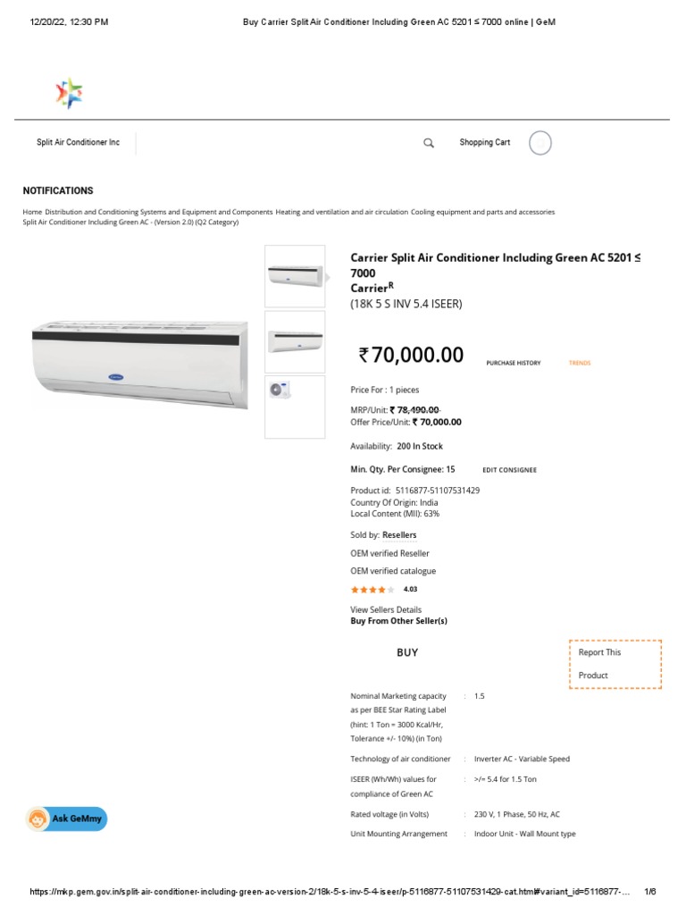 Buy Carrier Split Air Conditioner Including Green AC 5201 7000 Online