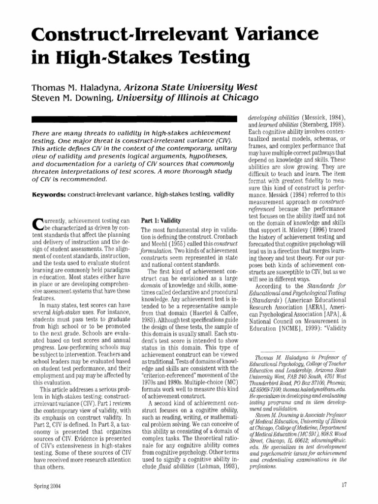 Construct-Irrelevant Variance in High-Stakes Testing | PDF | Validity ...
