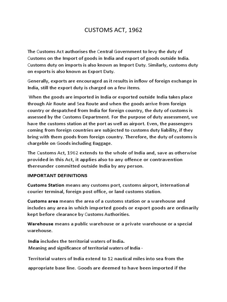 Customs Act, 1962 PDF Customs Territorial Waters
