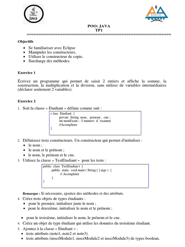 TP Java : POO, Constructeurs et Méthodes | PDF | Constructeur ...