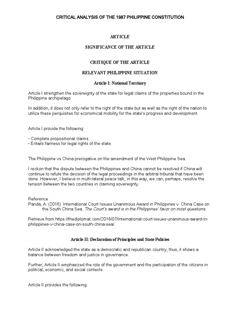 Critical Analysis of 1987 Philippine Constitution | PDF | Suffrage ...