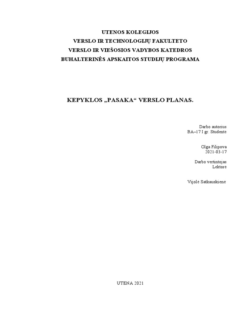 Kepyklos Pasaka Verslo Planas PDF