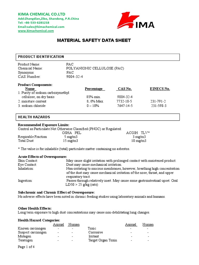 PAC Material Safety Data Sheet | PDF | Personal Protective Equipment ...