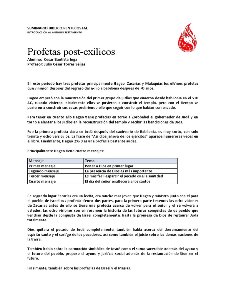 Resumen Profetas Post Exilio Pdf Templo En Jerusalén Profecía