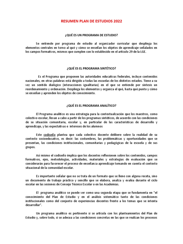 Resumen del Plan de Estudios 2022 | PDF | Plan de estudios | Método de ...