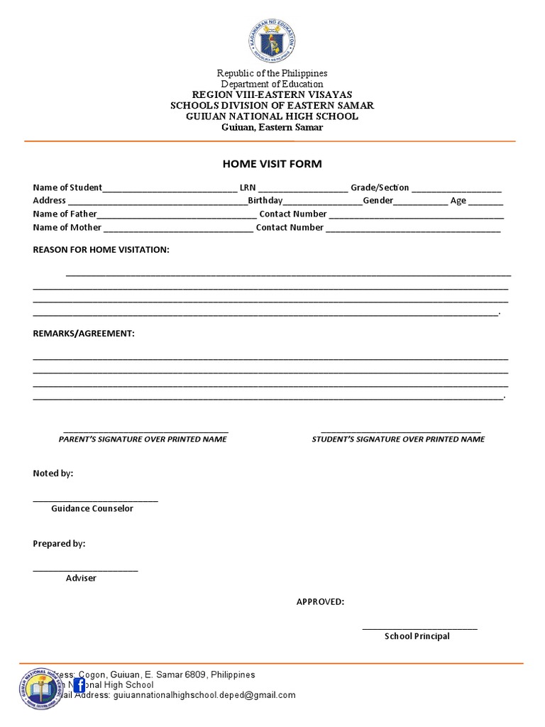 Guiuan National High School Home Visit Form | PDF