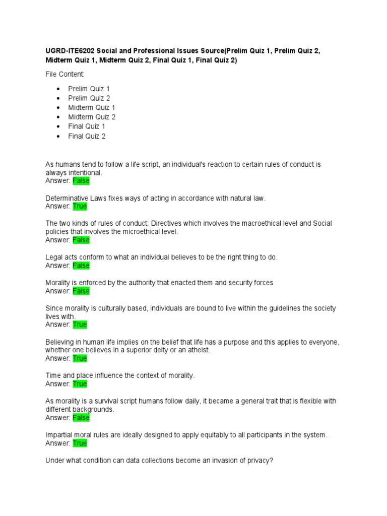 UGRD ITE6202 Social and Professional Issues SourcePrelim Quiz 1 Prelim