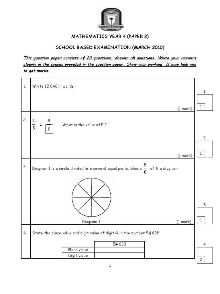 Year 4 Mathematics Exam Paper | PDF | Games & Activities