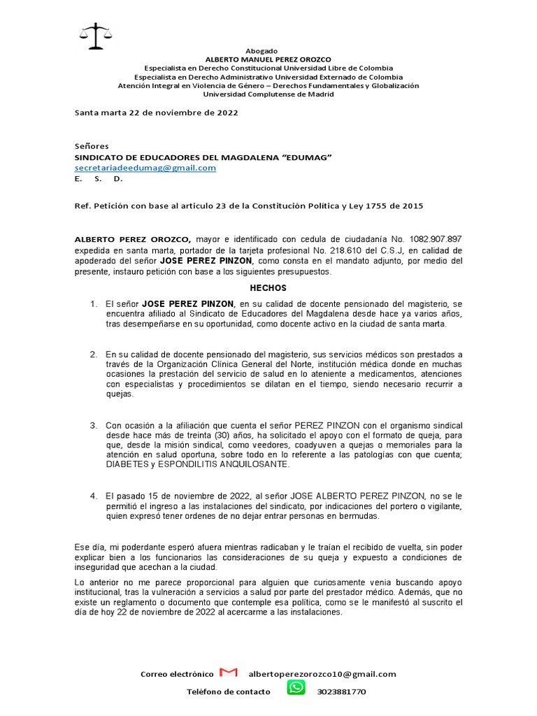 Petición de acceso a EDUMAG para docente | PDF | Colombia | Sindicato