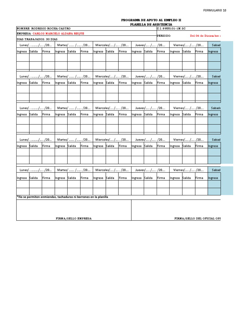 Planilla de Asistencia Programa Empleo II | PDF | Negocios