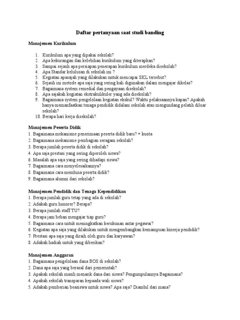 Daftar Pertanyaan Saat Studi Banding | PDF