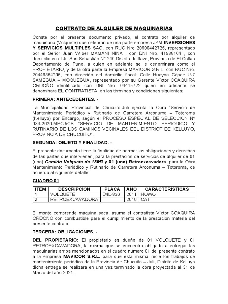 Contrato de Alquiler de Maquinaria Volquete | PDF | Economias