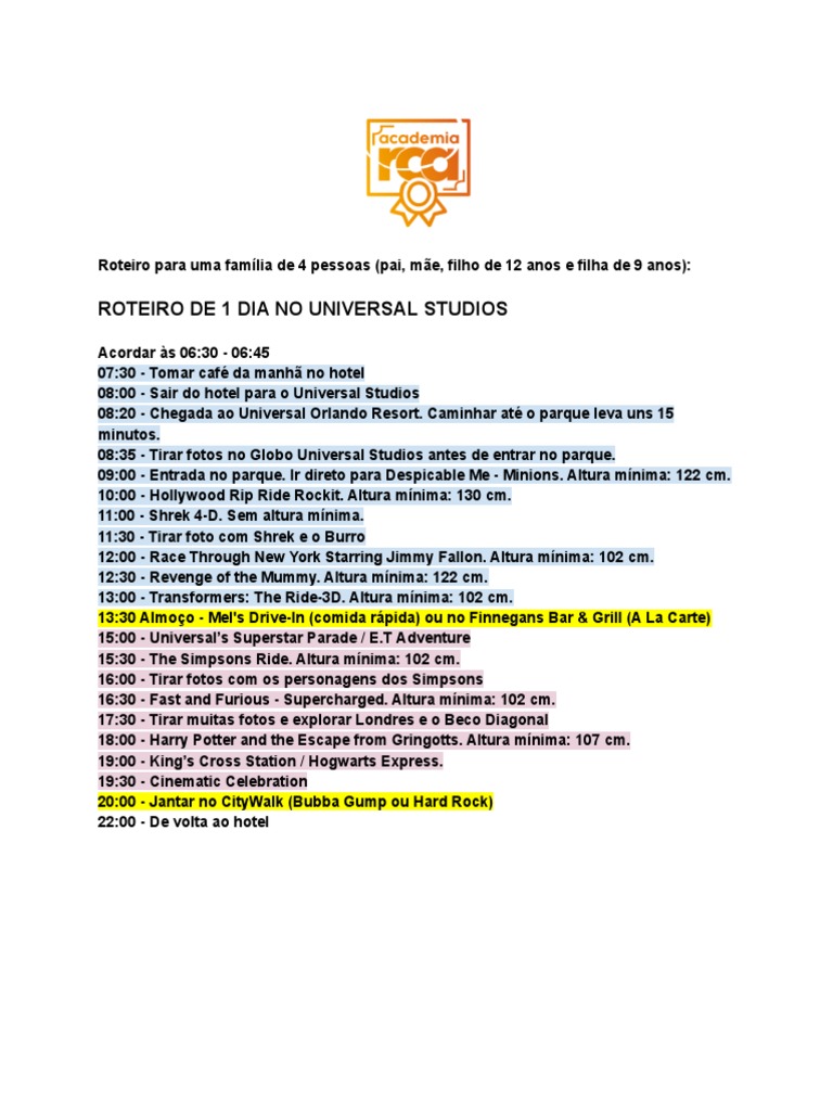Roteiro de 1 Dia no Universal Studios | PDF