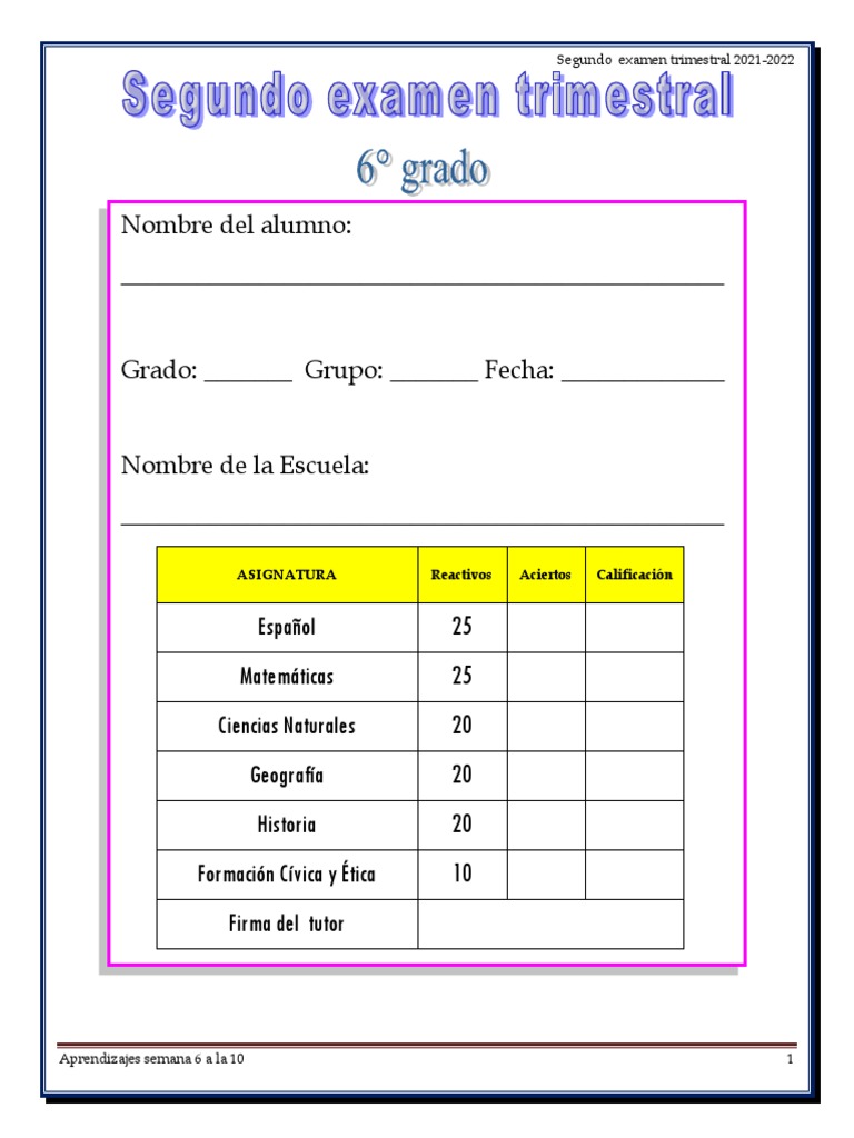 Sexto Grado Examen Segundo Trimestre Aprendizajes Clave PDF