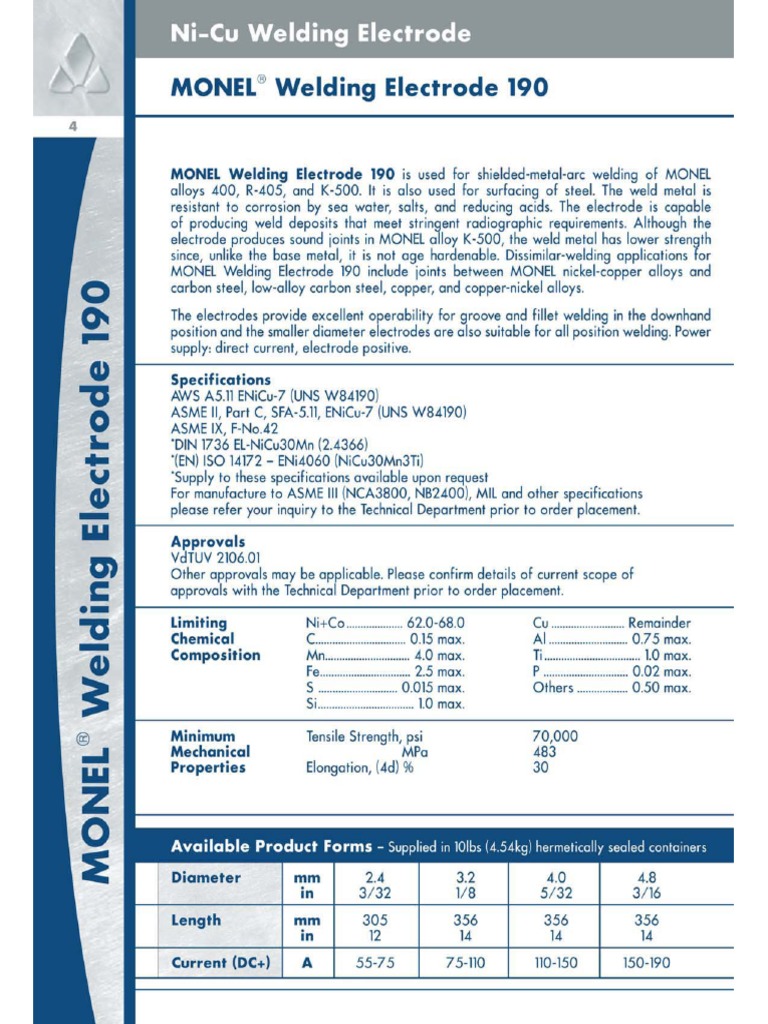 Elettrodo Per Ghisa AWS A5.11 ENiCu7 (Monel Welding Electrode 190) PDF