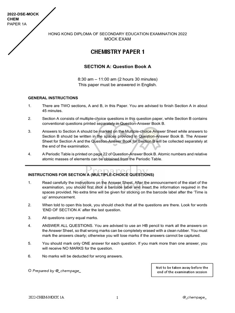 Chempage 2022 Chemistry Mock Exam 2022 Chem Mock 1a Qb Pdf Sodium