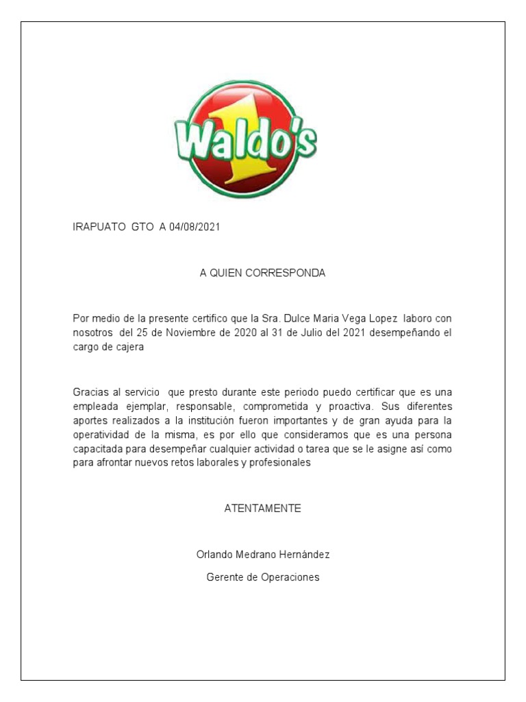 Carta de Recomendación Laboral Waldos | PDF | Crecimiento personal y ...