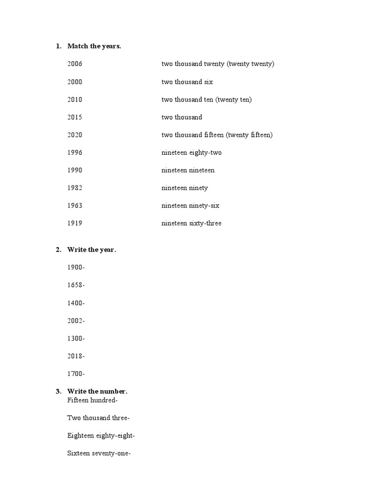 Year Matching and Writing Exercises | PDF