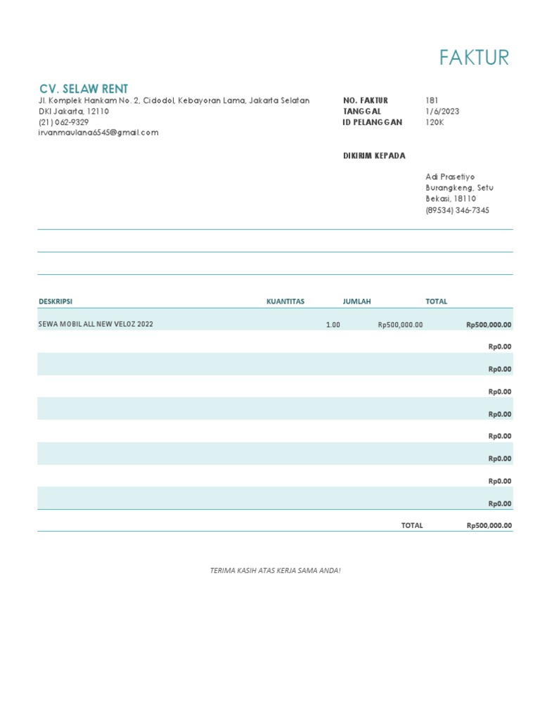 Faktur Sewa Mobil CV. Selaw Rent | PDF