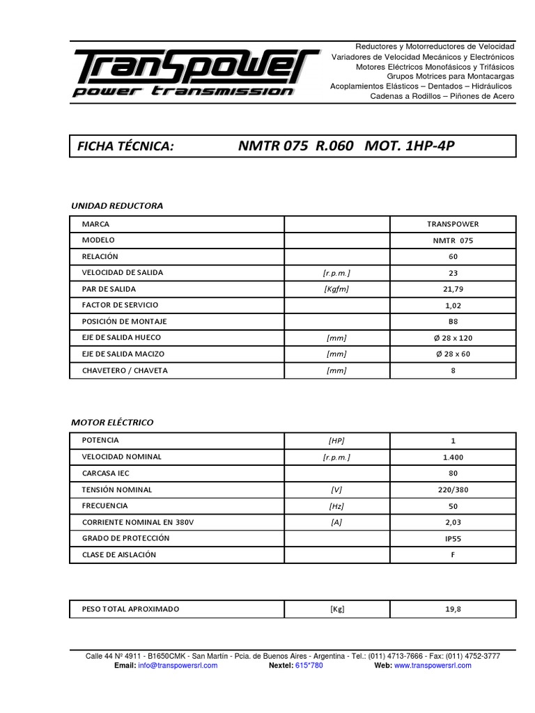 Ficha Técnica Reductor NMTR 075 R.060 | PDF | Vehículos | Ingenieria ...