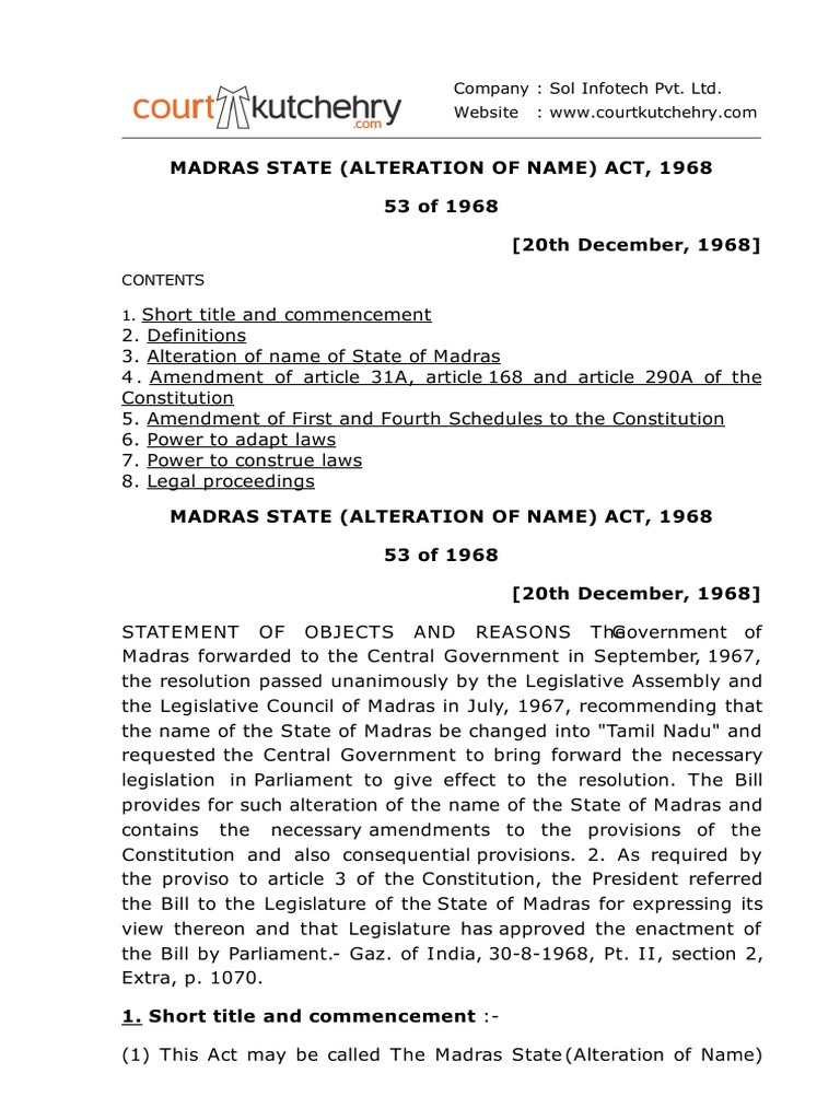 Madras State (Alteration of Name) Act, 1968 PDF U.S. State Bill (Law)