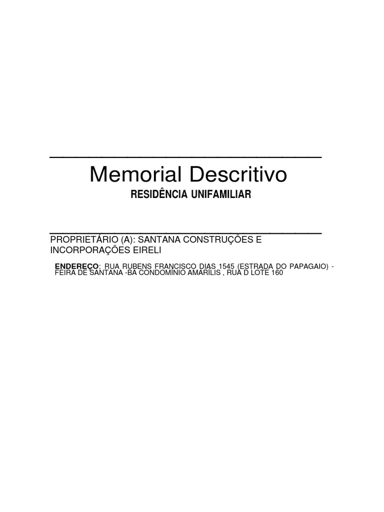 Memorial Descritivo de Residência Unifamiliar localizada na Rua Rubens ...