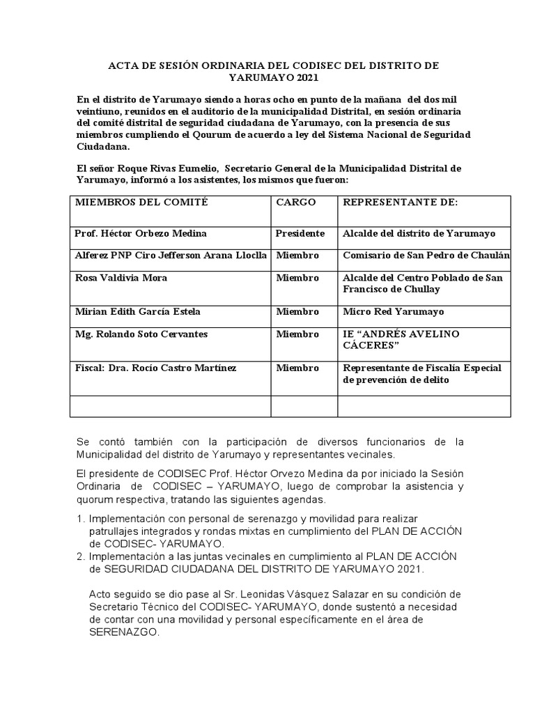 Acta de Sesión Ordinaria Del Codisec Del Distrito de Yarumayo 2021