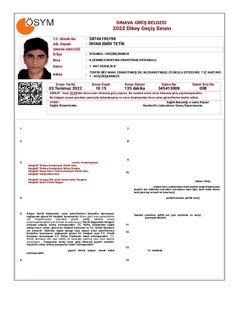Sınava Giriş Belgesi | PDF
