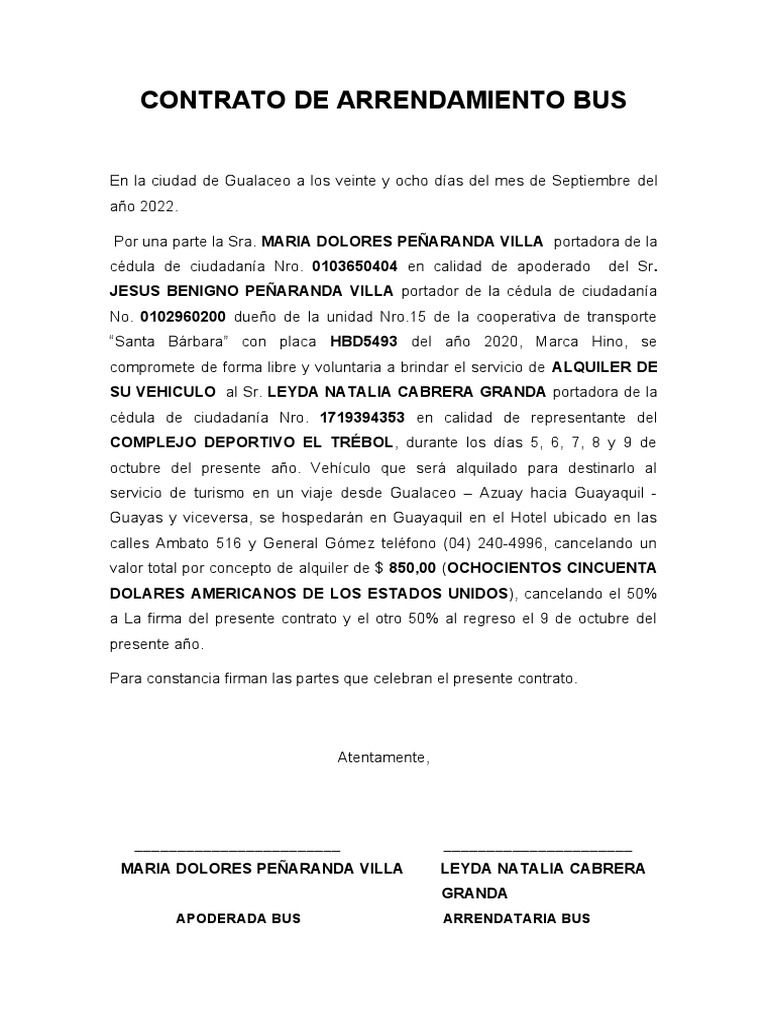 Contrato de Arrendamiento de Bus | PDF