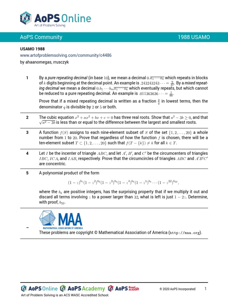 1988 Usamo | PDF | Decimal | Mathematical Analysis